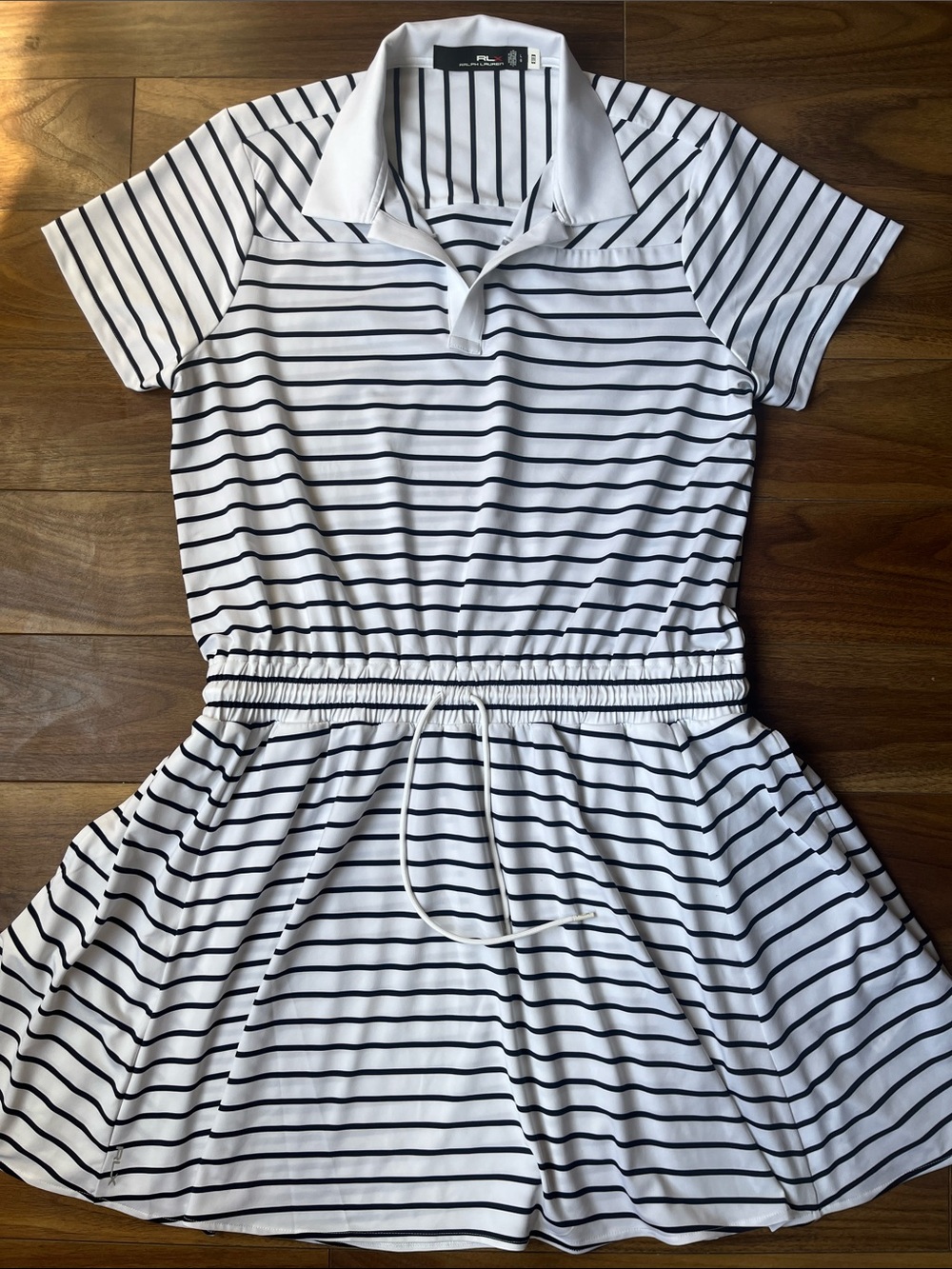 Ralph Lauren White and Black Striped Polo Dress with Pockets Collar Stretchable